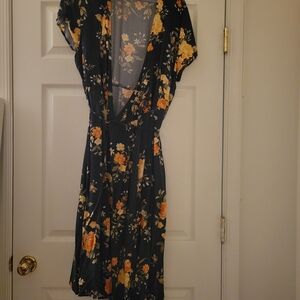 Old Navy Navy Midi Wrap Dress with Yellow Floral Print